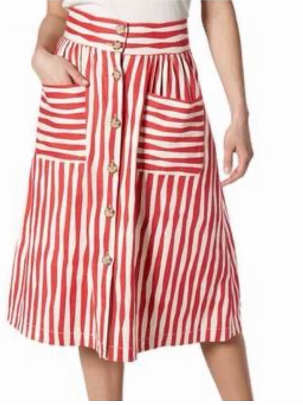 LK Bennett Red and White Striped Linen Blend Button-Front Midi Skirt Size 10